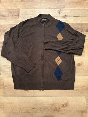 John Bartlett Consensus Men's Brown Full-Zip Argyle Sweater - Brown/Navy Size XL